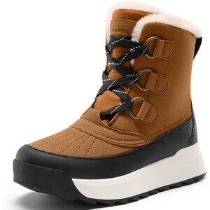 Women Tan Faux Fur Collar Ankle Booties with Microfleece Lining Anti-Slip Sole